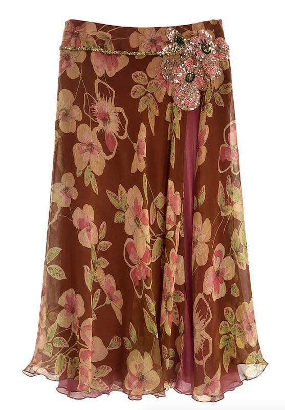 Large Flower Print Silk Skirt