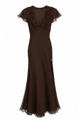 Brown Silk Frill Neck Evening Dress
