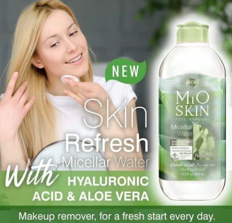 Mio Skin Micellar Water Hyaluronic Acid &amp; Aloe Vera SKIN Refresh 400ml مايو سكن ميسيلار مزيل مكياج للوجه والعينين والشفاه