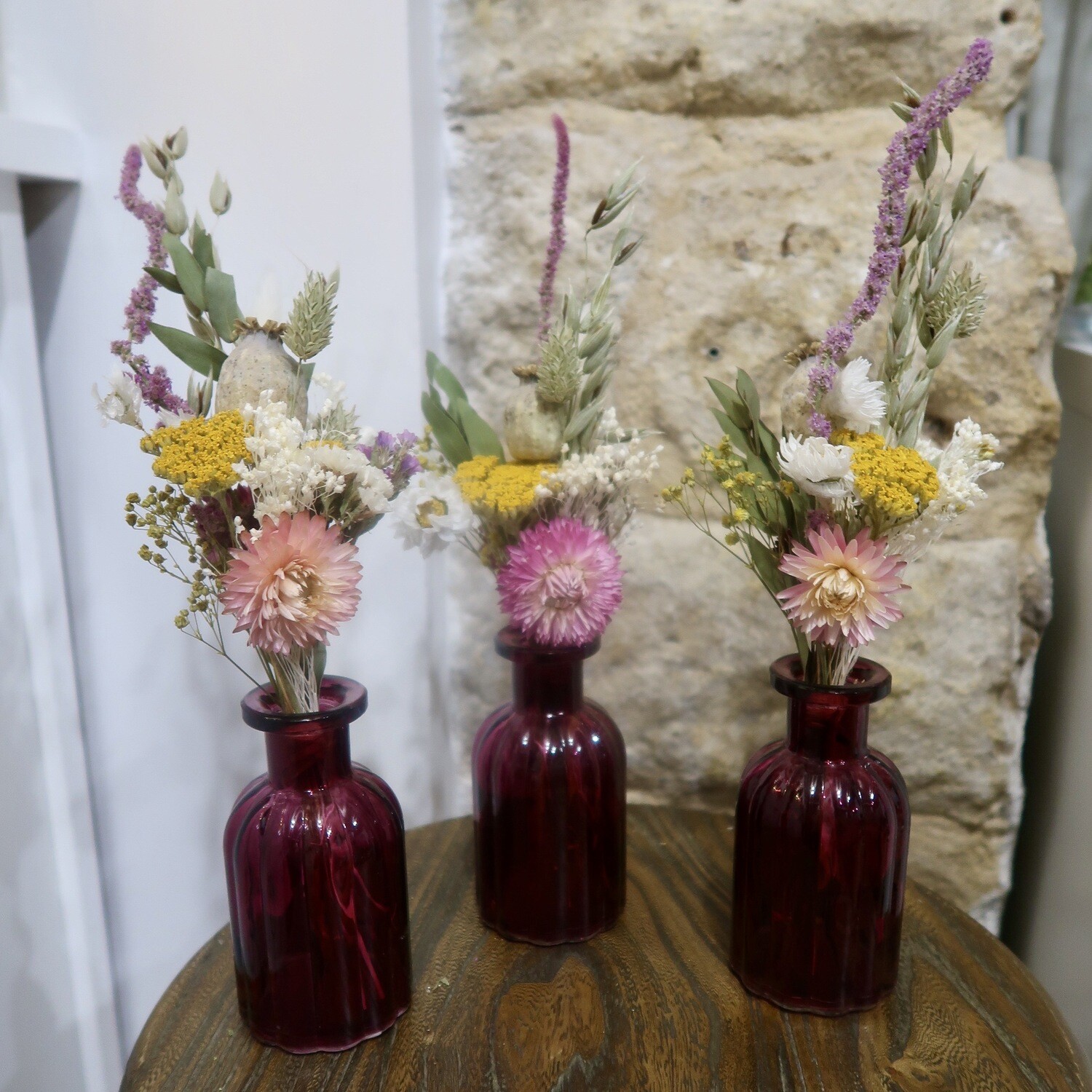 Trio de mini bouquets Sienne avec leurs vases