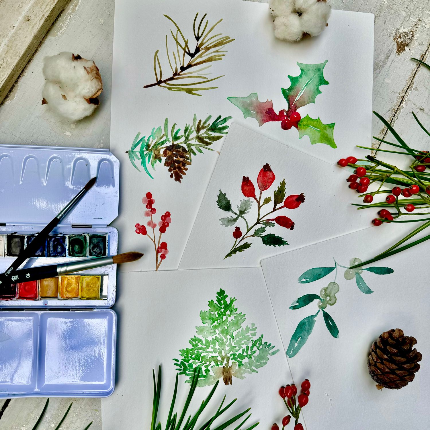 Initiation à l&#39;aquarelle : Cartes de voeux de Noël 2h30