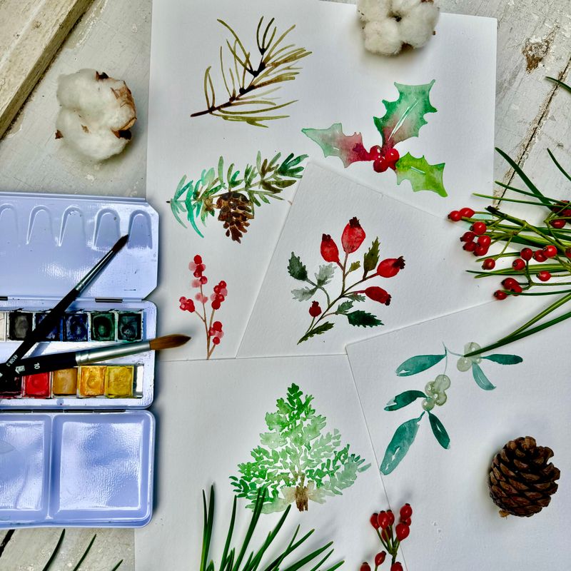 Initiation à l&#39;aquarelle : Cartes de voeux de Noël 2h30