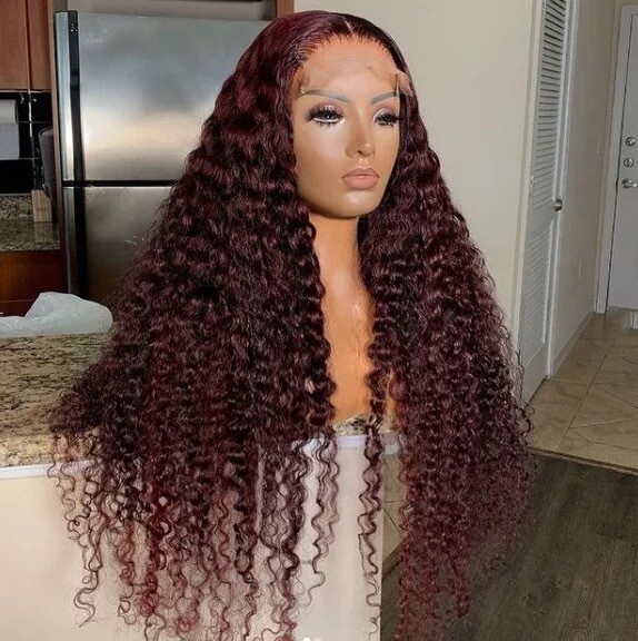 360 lace frontal Mongolian Red burgundy deep wave curly  HD lace wig