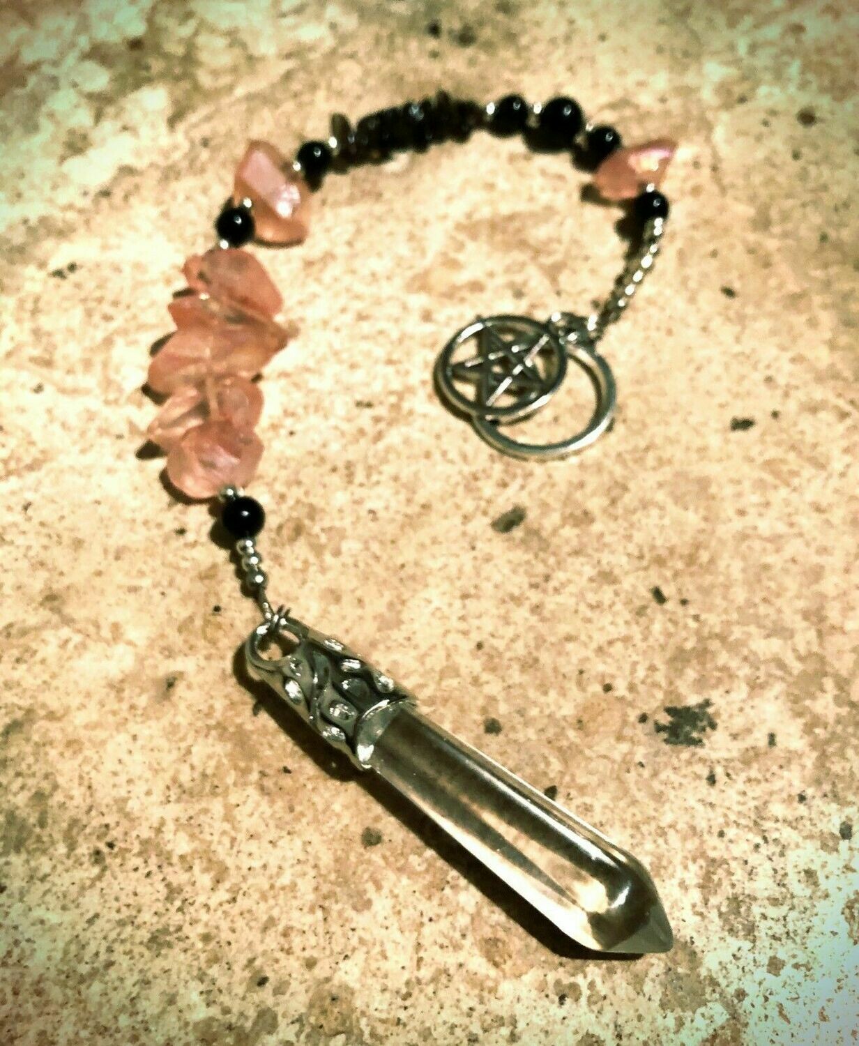 Quartz Crystal, Pink Aura Quartz, & Onyx Pendulum