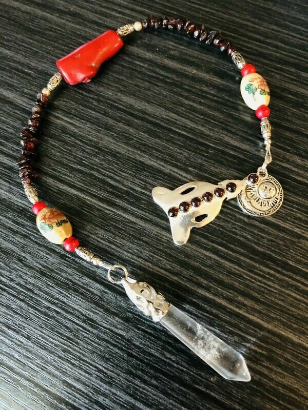 Quartz Crystal, Garnet & Red Coral Chakra Pendulum