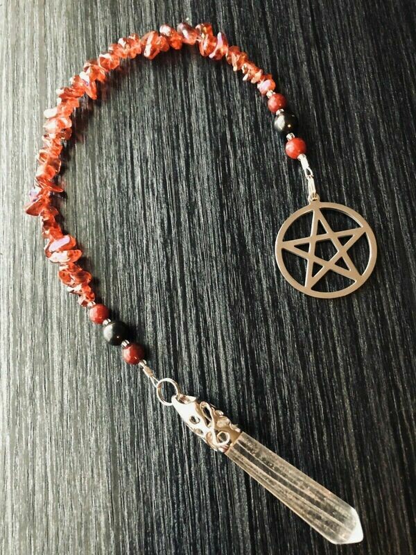 Quartz Crystal, Pentagram, Red Aura Quartz, Ruby & Hematite Pendulum