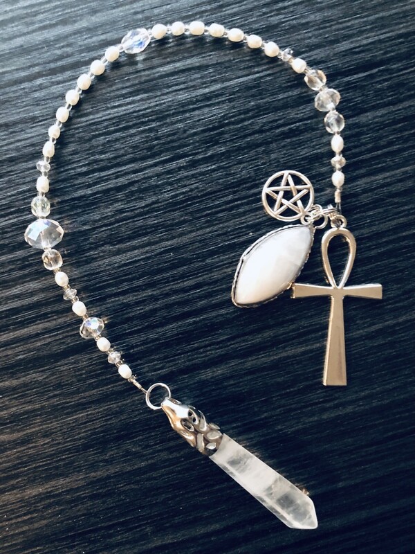 Quartz Crystal, Pearl, Pentagram, Ankh & Moonstone Pendulum