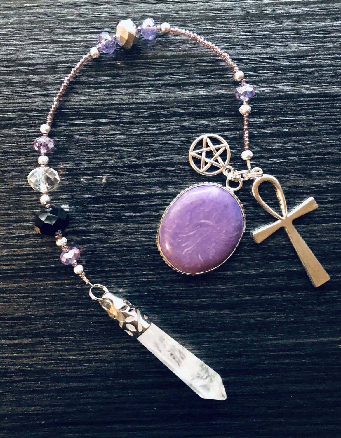 Quartz Crystal, Charoite, Pentagram & Ankh Pendulum
