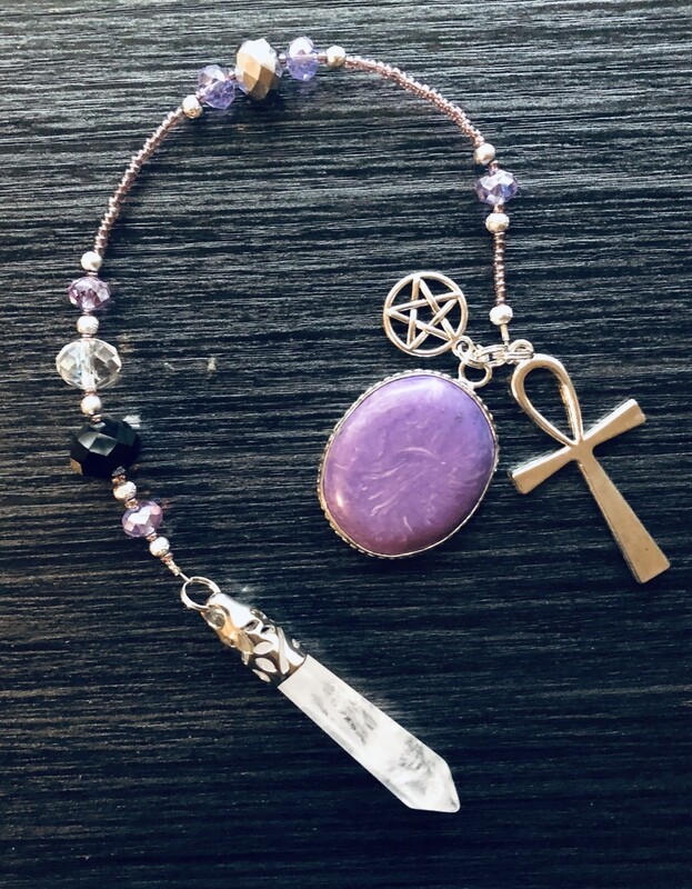 Quartz Crystal, Charoite, Pentagram & Ankh Pendulum