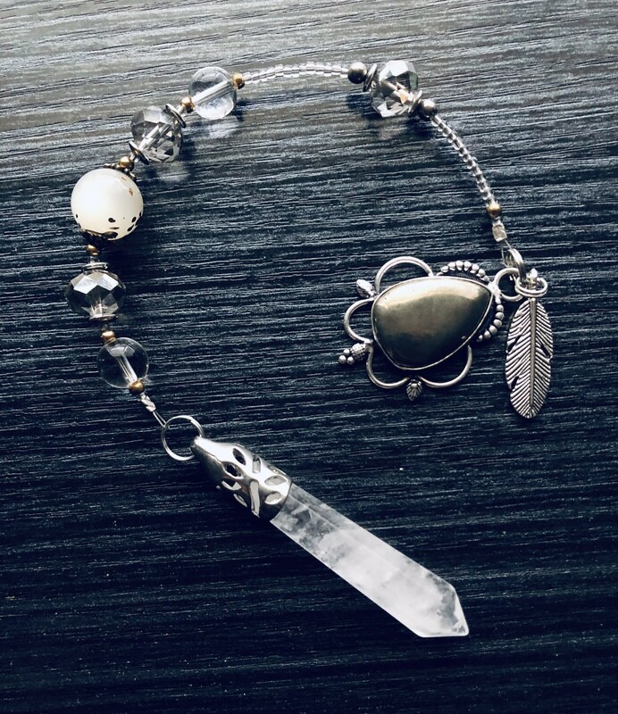 Quartz Crystal, Pyrite & Feather Pendulum