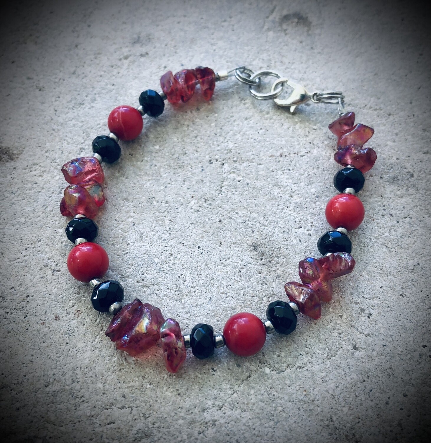 Red Coral, Onyx & Red Angel Aura Quartz Bracelet