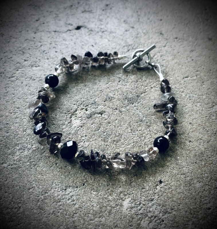 Smoky Quartz, Onyx & Vintage Jet Bracelet