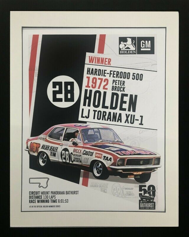 Hardie-Ferodo 500 Winner Peter Brock 1972 Holden LJ Torana XU-1 Framed Lithograph