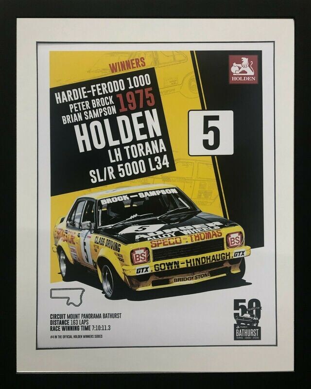 Hardie-Ferodos 1000 Winner Peter Brock/Brian Sampson 1975 Holden LH Torana SL/R 5000 L34 Framed Lithograph