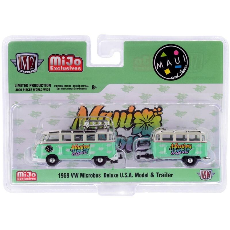 M2 Machines Mijo Exclusives Maui & Sons 1959 VW Microbus Deluxe USA & Trailer