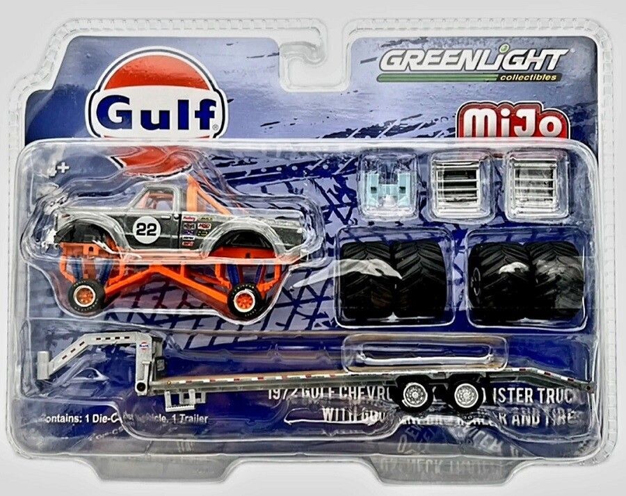 Greenlight Mijo Exclusives 1972 Chevrolet K-10 Monster Truck With Gooseneck Trailer & Tires Gulf Racing RAW Chase