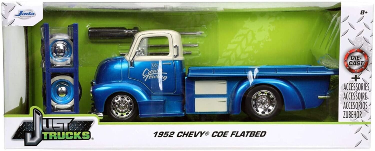 Jada Just Trucks 1952 Chevy COE Flatbed Blue with Tyre Rack