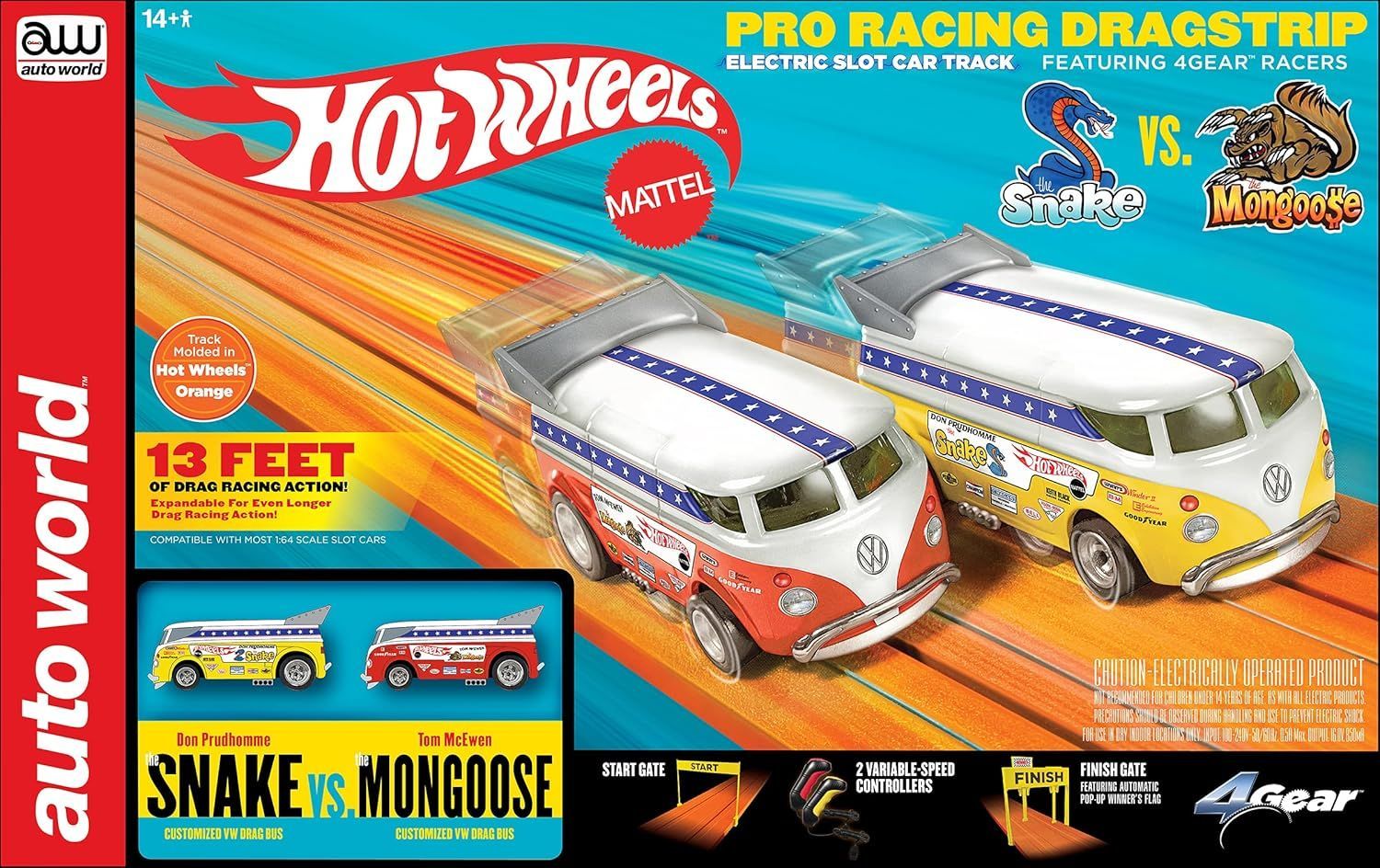Auto World Hot Wheels Snake vs Mongoose 13 Foot Pro Racing Dragstrip Slot Race Set