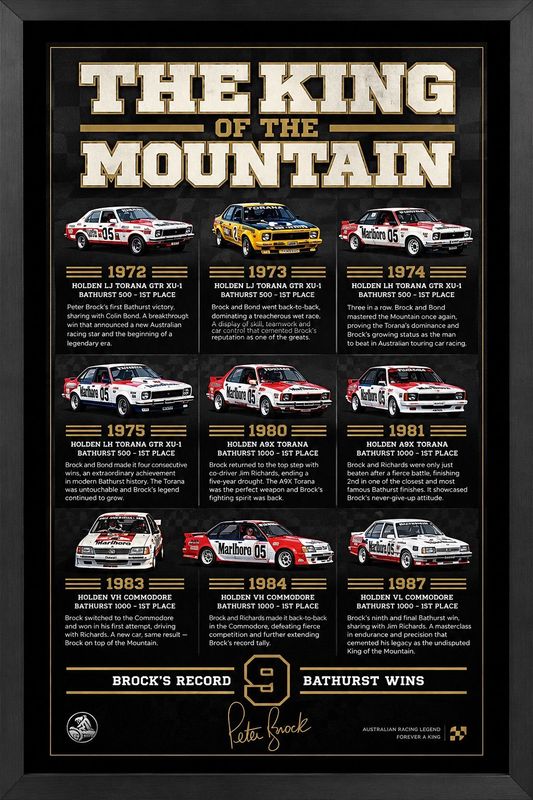 Peter Brock King of the Mountain framed print celebrating nine Bathurst wins and iconic Holden race cars