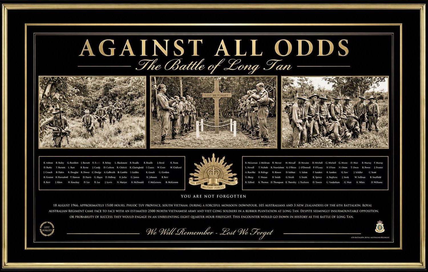 Battle of Long Tan “Against All Odds” Framed Australian Vietnam War Memorial Print Against All Odds Battle of Long Tan framed Australian Vietnam War memorial print