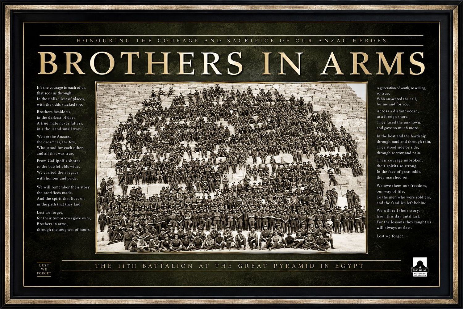 Brothers in Arms – 11th Battalion Great Pyramid Egypt ANZAC WWI Framed Print Brothers in Arms 11th Battalion Australian ANZAC soldiers at Great Pyramid Egypt framed WWI print