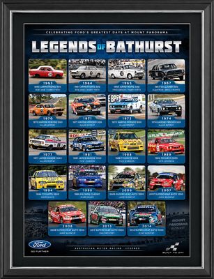 Ford Legends of Bathurst framed motorsport print featuring iconic Ford race cars at Mount Panorama
