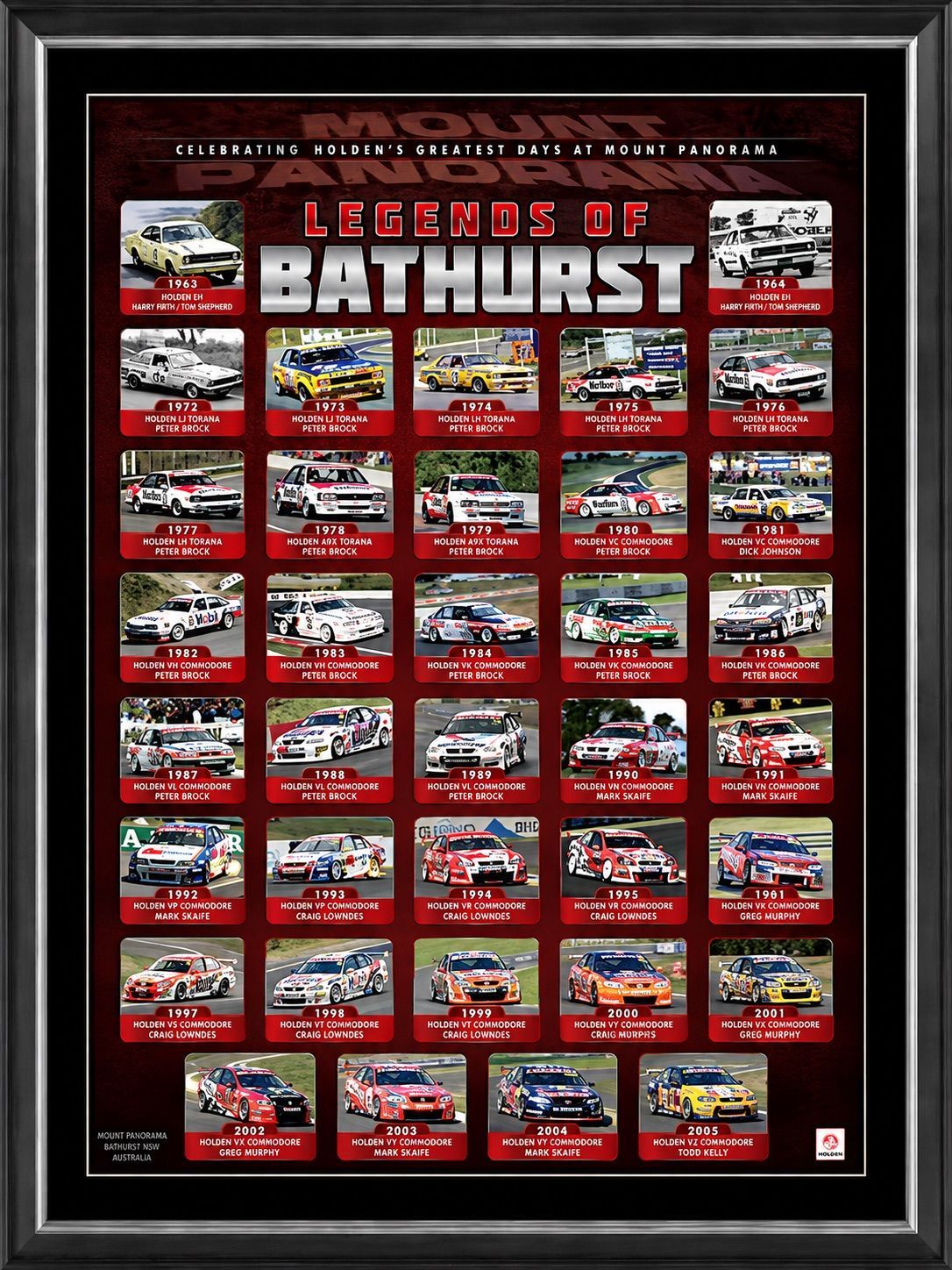 Holden Legends of Bathurst Framed Sportsprint Holden Legends of Bathurst framed print featuring Torana and Commodore race cars at Mount Panorama
