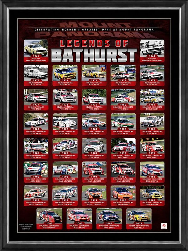 Holden Legends of Bathurst framed print featuring Torana and Commodore race cars at Mount Panorama