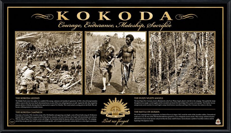 Kokoda Track Australian WWII framed memorial print featuring soldiers, Fuzzy Wuzzy Angels and the Kokoda Campaign