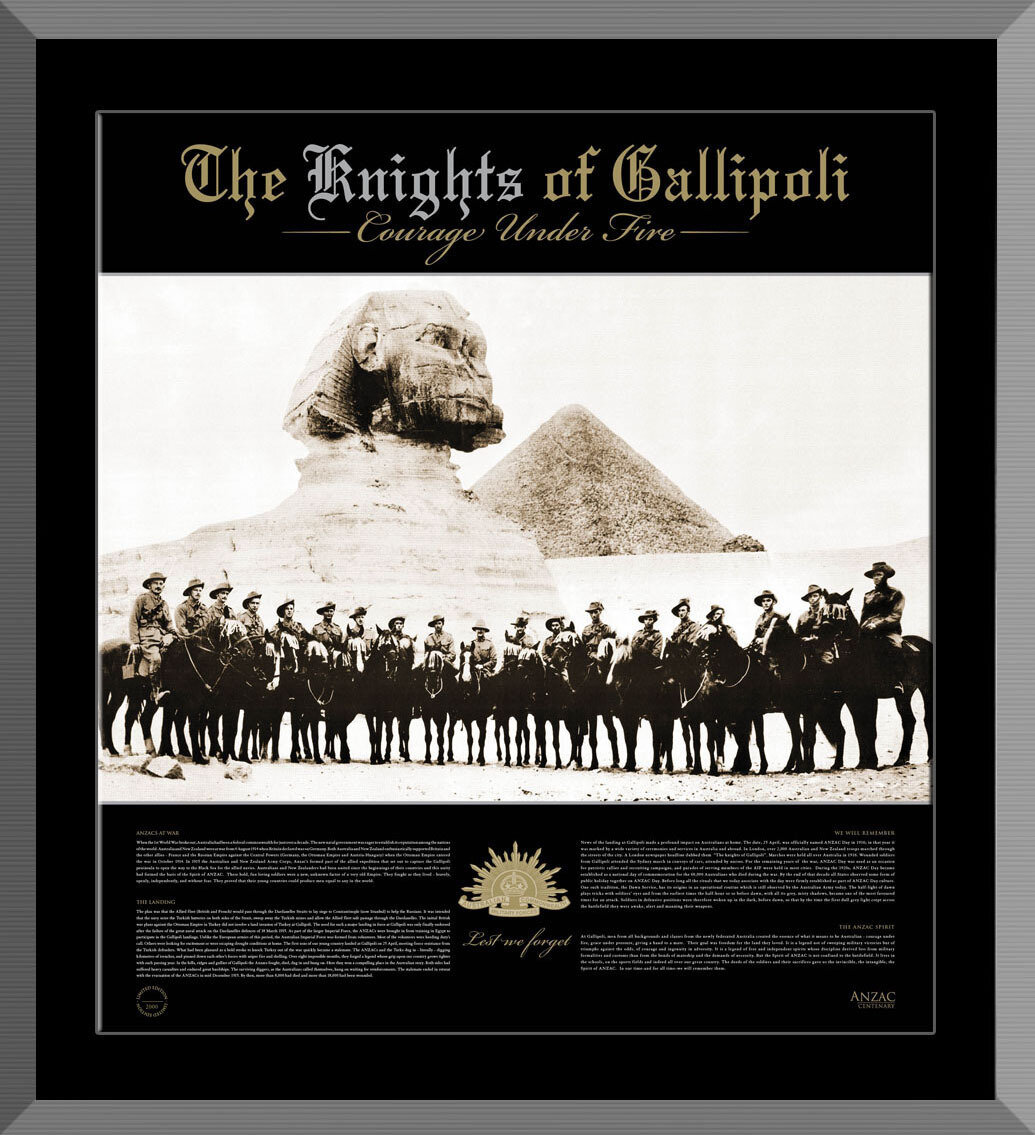 The Knights of Gallipoli Courage Under Fire framed ANZAC print featuring Australian Light Horsemen in Egypt