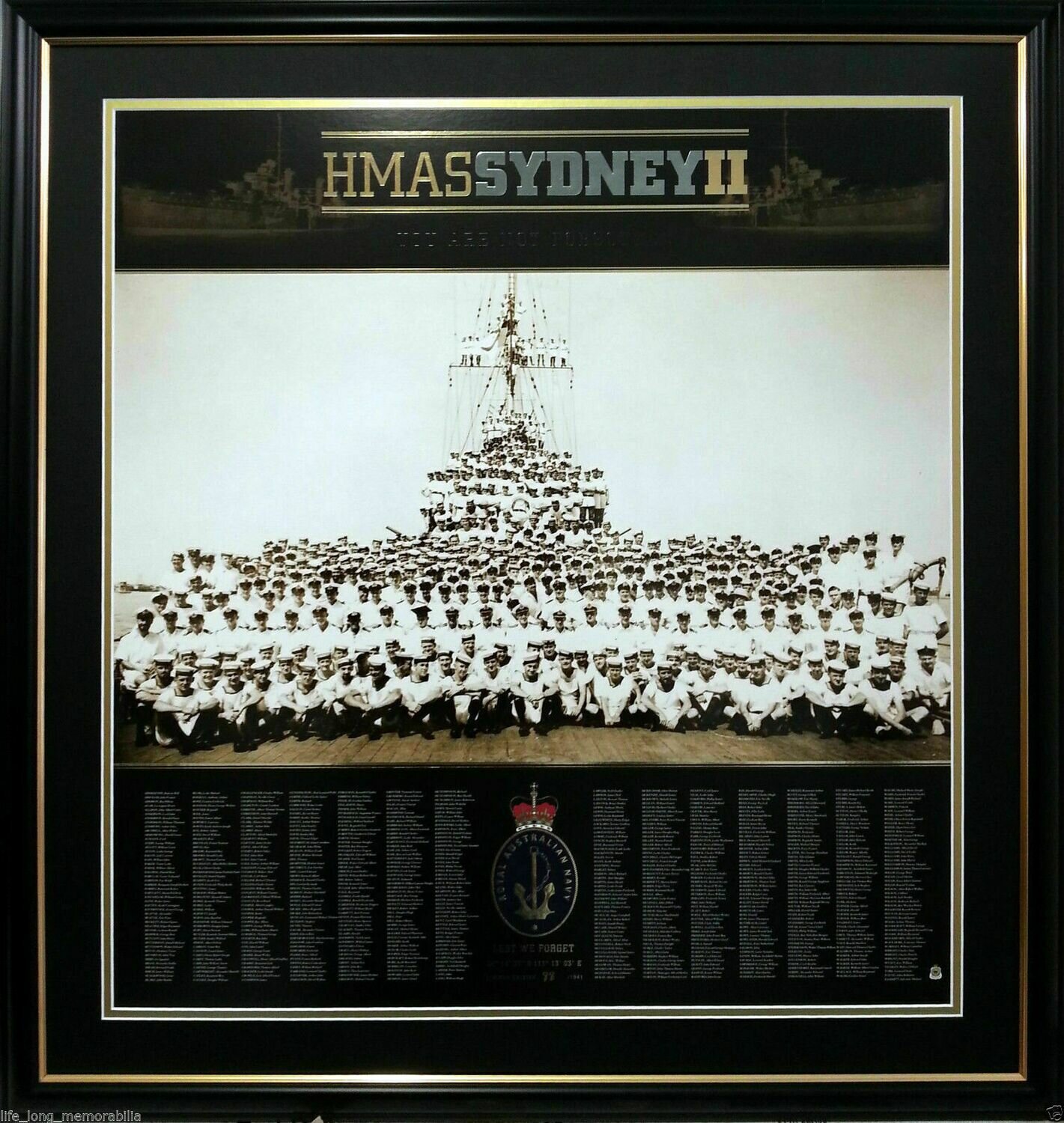 HMAS Sydney II framed Royal Australian Navy WWII memorial print featuring historic crew photograph and honour roll