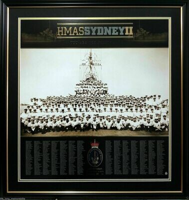 HMAS Sydney II framed Royal Australian Navy WWII memorial print featuring historic crew photograph and honour roll