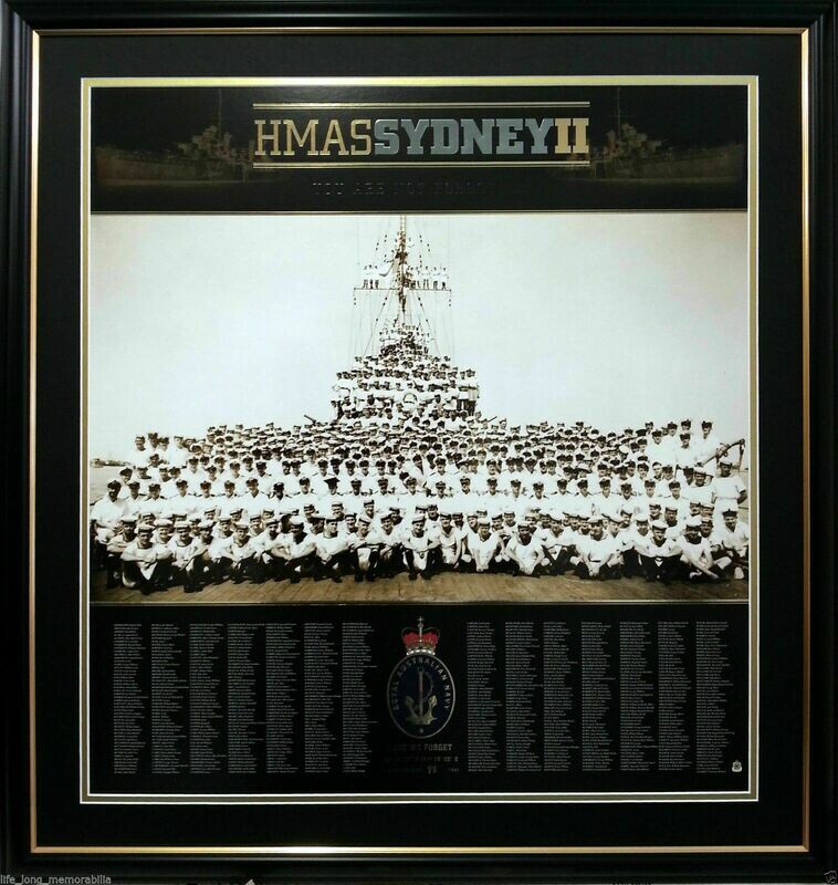 HMAS Sydney II framed Royal Australian Navy WWII memorial print featuring historic crew photograph and honour roll