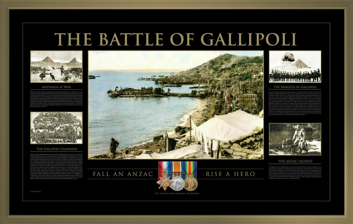 The Battle of Gallipoli – ANZAC WWI Australian Military Framed Memorial Print The Battle of Gallipoli framed ANZAC WWI Australian military commemorative print with historic photographs and medals