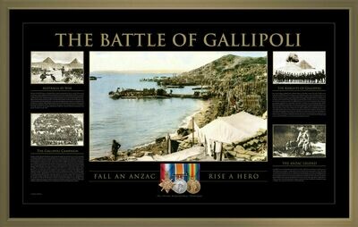 The Battle of Gallipoli framed ANZAC WWI Australian military commemorative print with historic photographs and medals