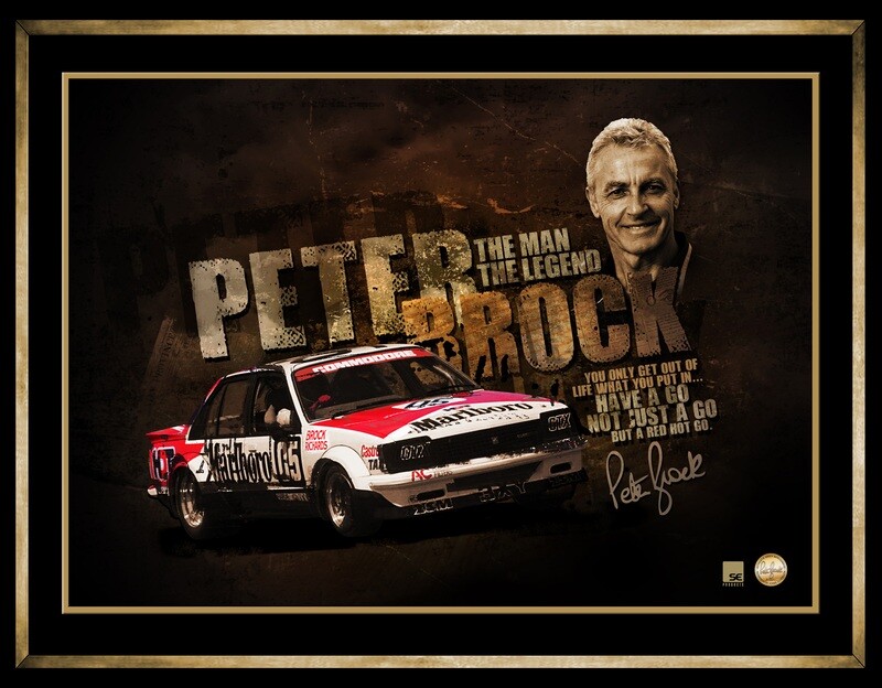 Peter Brock The Man The Legend framed motorsport print featuring Holden Commodore race car and Peter Brock portrait