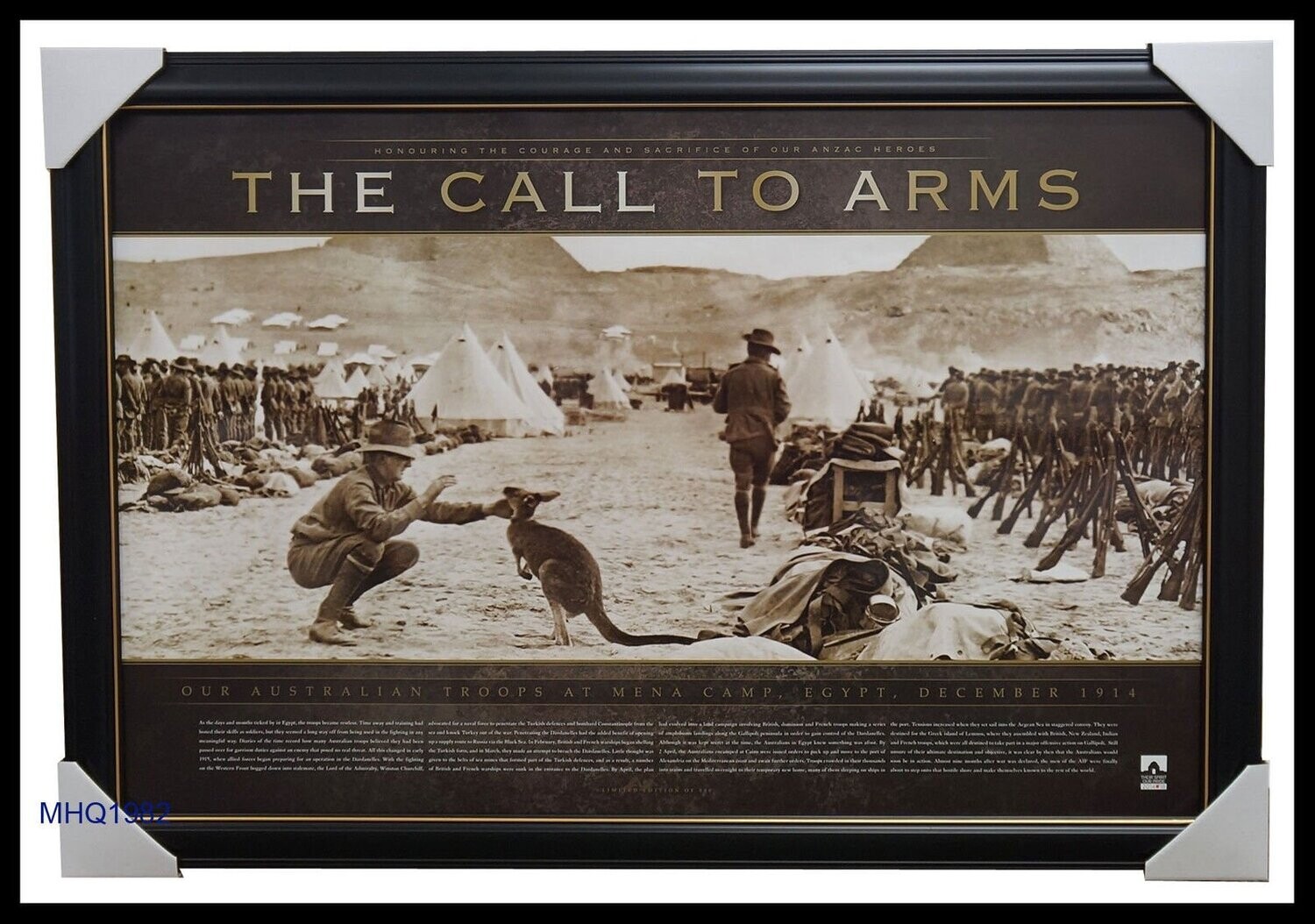 The Call to Arms framed print featuring Australian ANZAC troops and kangaroo at Mena Camp Egypt December 1914