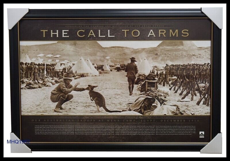 The Call to Arms framed print featuring Australian ANZAC troops and kangaroo at Mena Camp Egypt December 1914