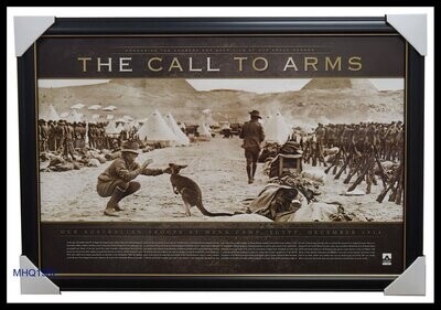 The Call to Arms framed print featuring Australian ANZAC troops and kangaroo at Mena Camp Egypt December 1914