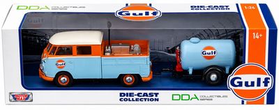 DDA Collectibles 1:24 Volkswagen Type 2 T1 Service Pickup with Gulf Oil Tank Trailer diecast model in display box