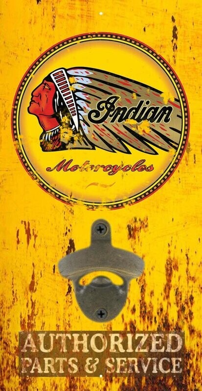 Vintage style Indian Motorcycle wall mounted bottle opener with yellow Authorized Parts and Service design