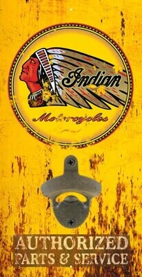 Vintage style Indian Motorcycle wall mounted bottle opener with yellow Authorized Parts and Service design