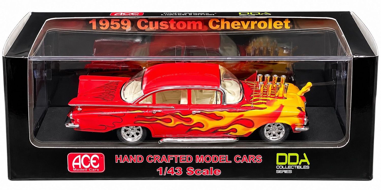 ACEDDA7 Model Cars Mad Max 1959 Custom Chevrolet 1/43 1959 Custom Chevrolet 1:43 scale boxed model car in red with yellow flame graphics, chrome wheels and custom engine detailing