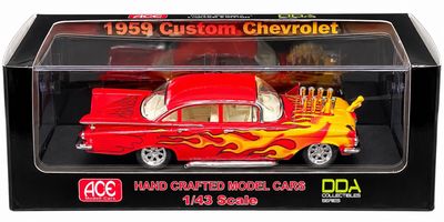ACEDDA7 Model Cars Mad Max 1959 Custom Chevrolet 1/43 1959 Custom Chevrolet 1:43 scale boxed model car in red with yellow flame graphics, chrome wheels and custom engine detailing