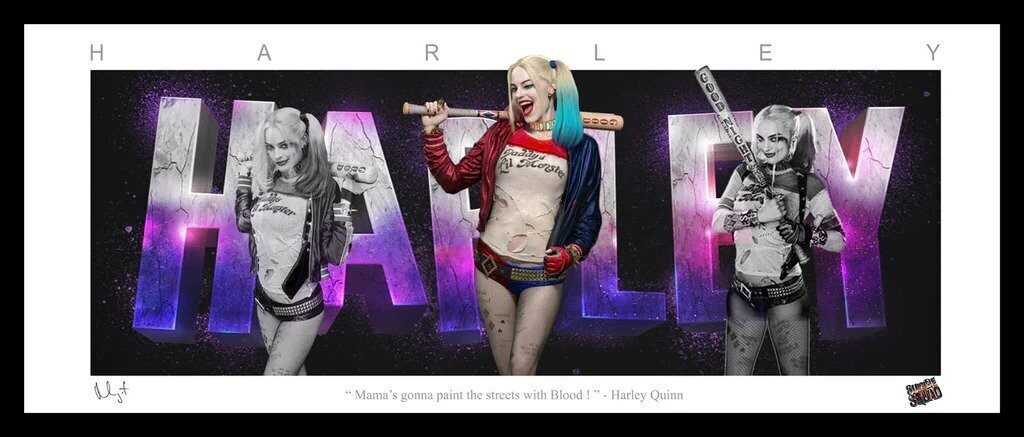 Harley Quinn Suicide Squad Wall Art Print – DC Comics Collectible Display Harley Quinn Suicide Squad panoramic wall art print with colourful Harley lettering