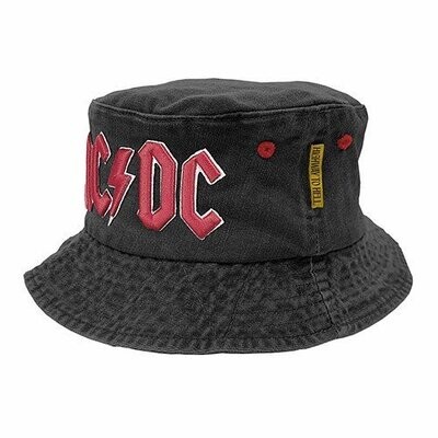 AC/DC Logo Bucket Hat AC0179 Black washed bucket hat featuring an embroidered red AC/DC logo across the front.