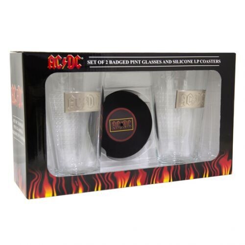 Boxed AC/DC set of two badged pint glasses with black silicone LP-style coasters and flame design packaging.