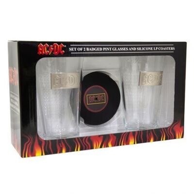 AC/DC Set of 2 Badged Pint Glasses And Silicone LP Coasters Boxed AC/DC set of two badged pint glasses with black silicone LP-style coasters and flame design packaging.