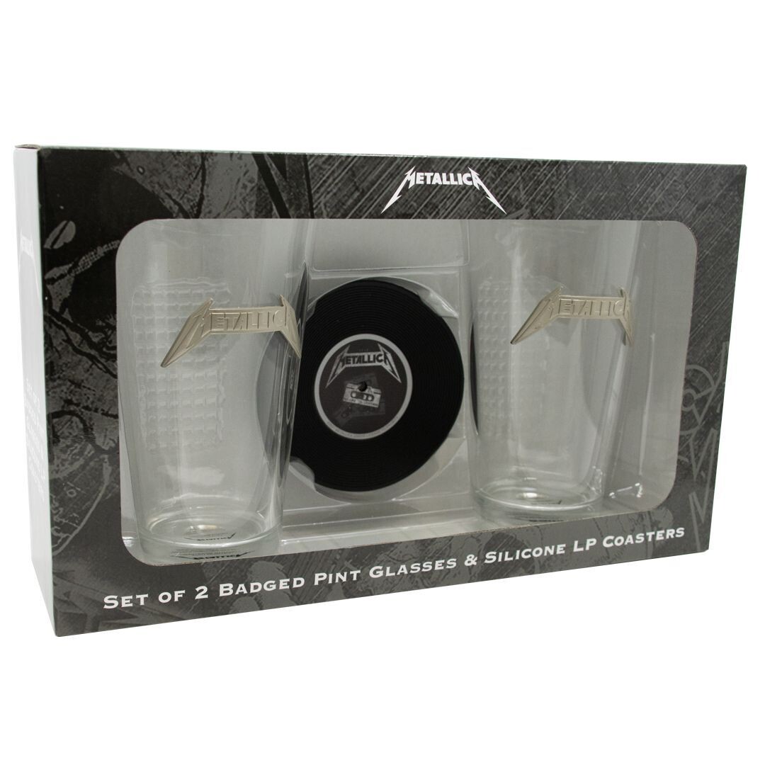 Metallica Set of 2 Badged Pint Glasses & Vinyl Record Silicone Coasters Gift Set Metallica set of two badged pint glasses with black silicone LP record coasters in gift box