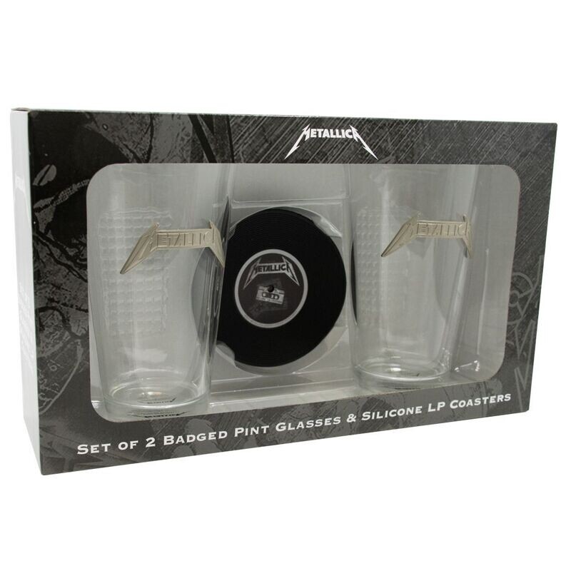 Metallica set of two badged pint glasses with black silicone LP record coasters in gift box